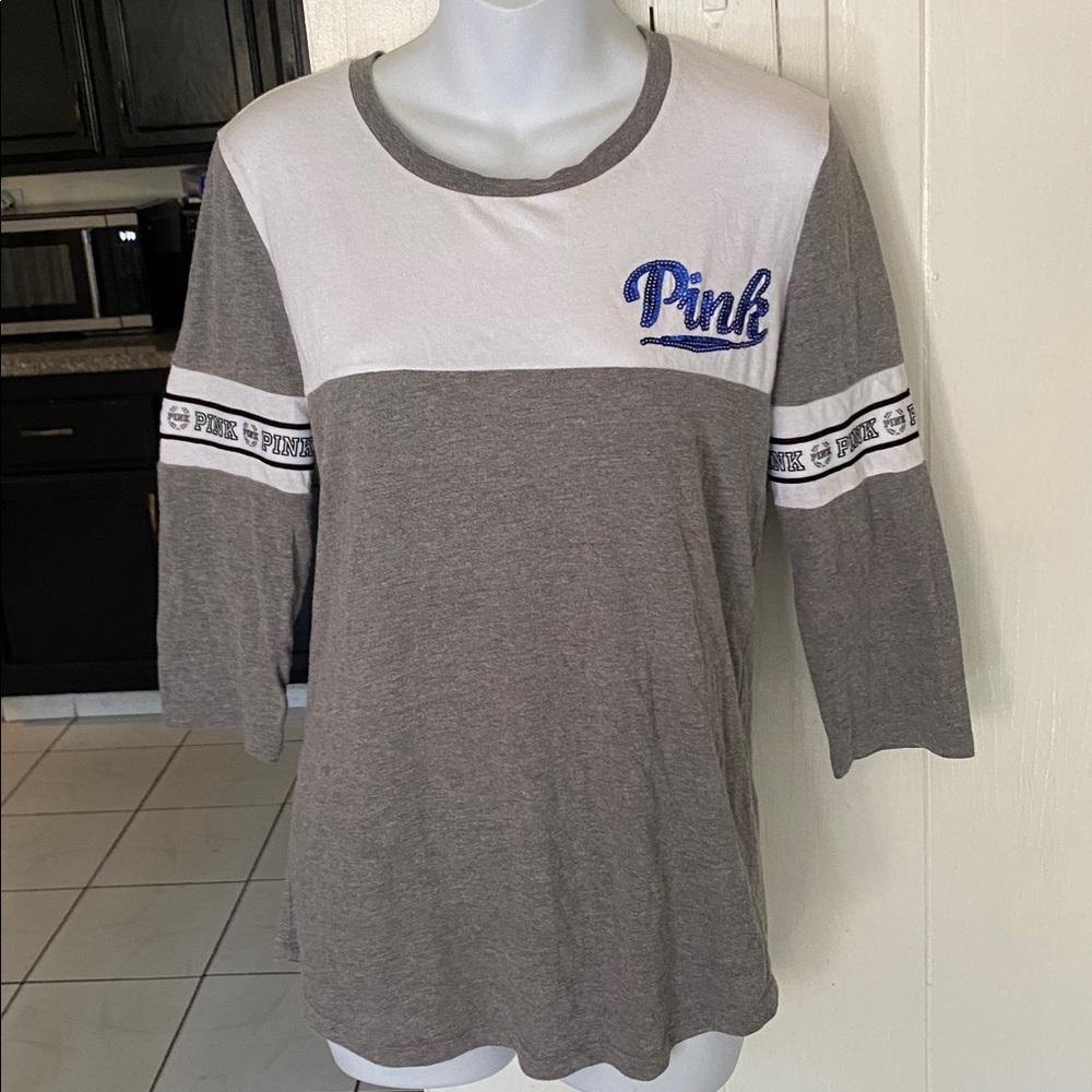 PINK Victoria's Secret Gray and White Tee